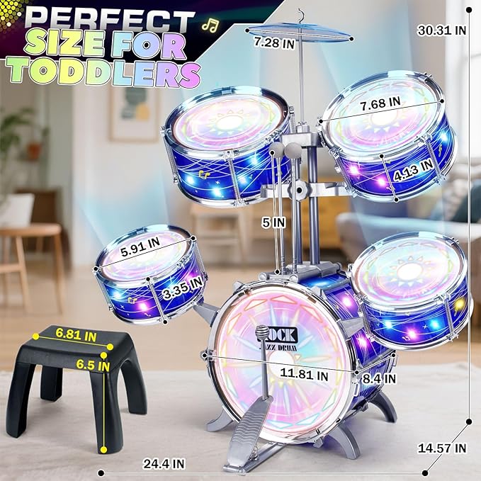 Kids Drum Sets for 2-5, Toddler Drum Set Ages 1-3, Junior Mini Jazz Full Size Small Band Rock Drums Making Kit Toys Percussion Musical Instrument Rhythm Beat Play Sets for Toddlers Boys Girls