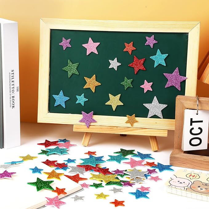 JULBEAR Colorful Glitter Star Foam Sticker, 300Pcs Stars Shapes Glitter Self Adhesive Foam Stickers for Kids Party Favors Toddler DIY Crafts Supplies Home Decorations