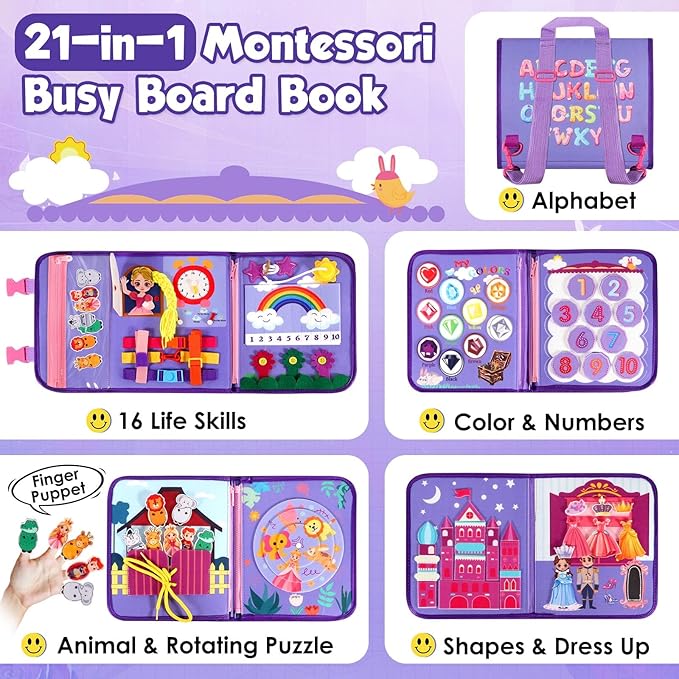 FREYBLI Toddler Busy Board, Montessori Toys for Girl Birthday Gift, Educational Quiet Activity Busy Book for Toddlers, Airplane Car Travel Toys