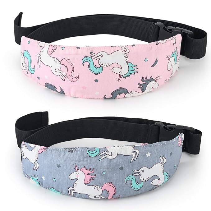 Luckyiren Fantasy Unicorn Baby Car Seat Head Support Strap, Pink & Grey, Cotton, 2 Pack, Adjustable Headrest Band for Stroller, Infant to Toddler