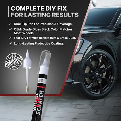 Wheel Scratch Fix® Gloss Black Magic Car Scratch Remover Pen - Alloy Wheel Touch Up Paint Pen for Cars, Curb Rash Removal with Fast-Drying & Long-Lasting OEM Finish, Vehicles Rim Repair Paint for Chip (Universal Gloss Black Wheel Paint (Pen Only))