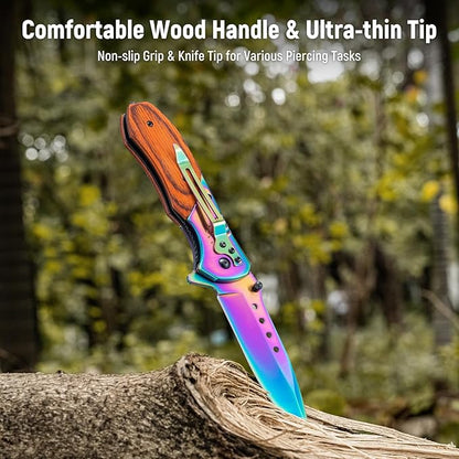 Pocket Knife for Men - 3.46" Sharp Blade Wood Handle Pocket Folding Knives with Clip, Glass Breaker - EDC Knives for Survival Camping Fishing Hiking Hunting Women, Rainbow