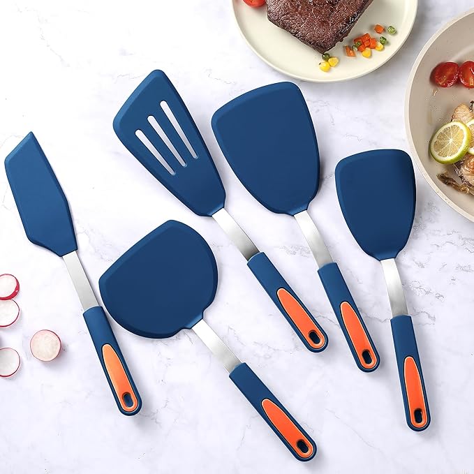 To encounter 5 Pieces Silicone Spatula Set, Non-Stick Silicone Turner Spatulas, Heat Resistance Cooking Utensils, Flip Turner for Fish, Egg, Pancake, Navy Blue