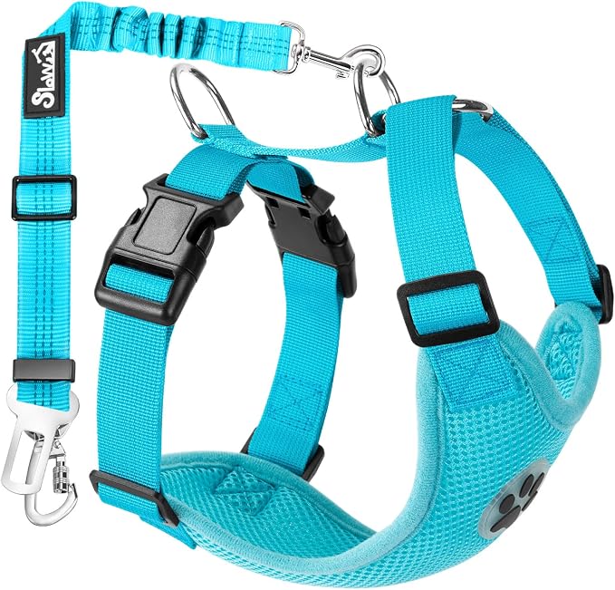 Lukovee Dog Car Harness Seat Belt, Adjustable Mesh Breathable Vest with Elastic Bungee Tether, Soft Padded 2-in-1 Safety Car Harness Seatbelt for Small Medium Large Dogs (Light Blue,L)