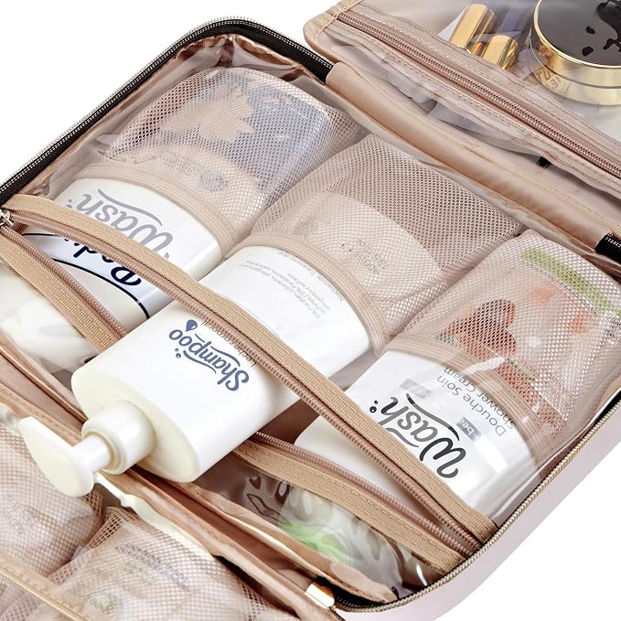 NISHEL Travel Toiletry Bag for women, Portable Hanging Organizer for Full-Sized Shampoo, Conditioner, Brushes Set, Makeup Accessories, Large Size, Pink