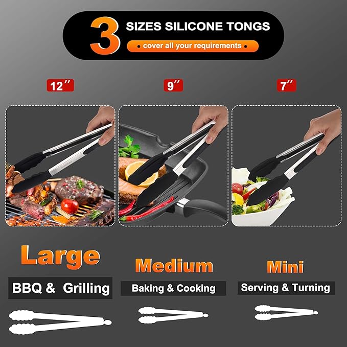 Anaeat Non-Stick Silicone Locking Tong Set of 3