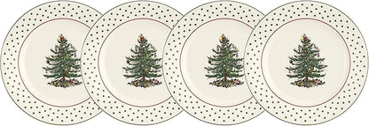 Spode Christmas Tree Polka Dot Dessert Plate (Set of 4) - Festive 8-Inch Stoneware Plates for Holiday Entertaining, Appetizers, Snacks - Microwave, Dishwasher, Freezer Safe Party Appetizer Dishes