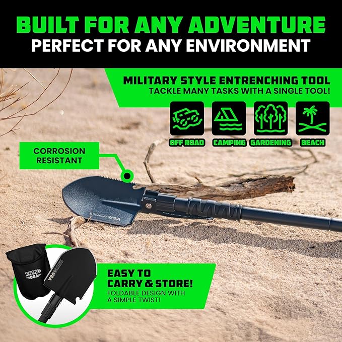 Rhino USA Survival Shovel w/Pick - Heavy Duty Carbon Steel Military Style Entrenching Tool for Off Road, Camping, Gardening, Beach, Digging Dirt, Sand, Mud & Snow. (Survival Shovel)