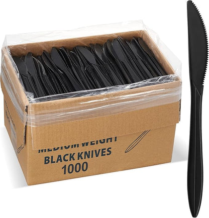 1,000 Plastic Disposable Knives Bulk Black Medium Weight Disposable Silverware Plastic Cutlery Knife