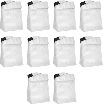 DISCOUNT PROMOS 10 Hook and Loop Insulated Lunch Bags Set - Polyester, Durable, Vibrant, Reusable - White