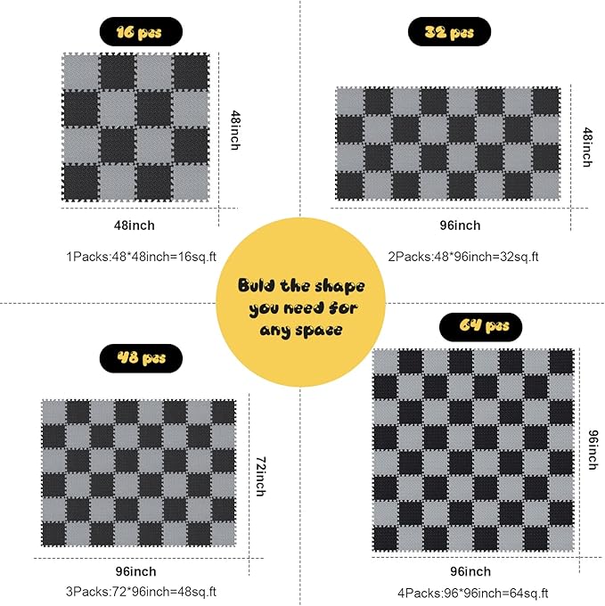 Shihanee Foam Floor Baby Tiles Foam Floor Mats Play Mats Bulk with Borders Interlocking for Kids Baby Playroom Nursery Gym (Black, Gray,64ft)