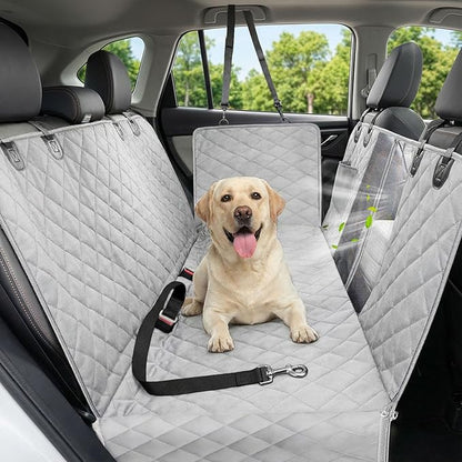 Dog Car Seat Cover, 600D Heavy Durable Dog Seat Cover for Back Seat, 100% Waterproof Scratch Proof Nonslip Dog Hammock for Car with Side Flap, Pet Back Seat Covers for Cars with SeatBelt Gray