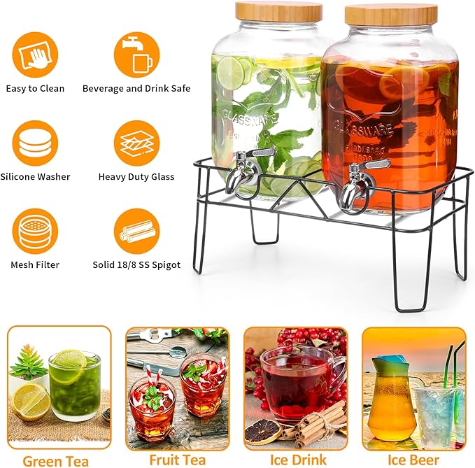 2 Pack 1 Gallon Glass Drink Dispenser