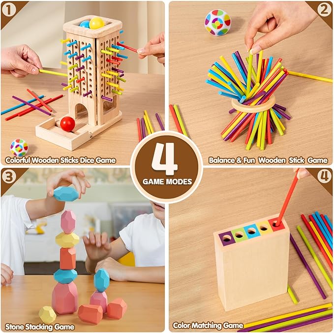 Montessori Toys for 3 Year Old Fine Motor Skills Toys for 5 Year Old Wooden Board Game - Educational Toys with Colorful Sticks, Dice & Stones, Family Game Gifts for Age 4 5 6 7 8 Boys Girls
