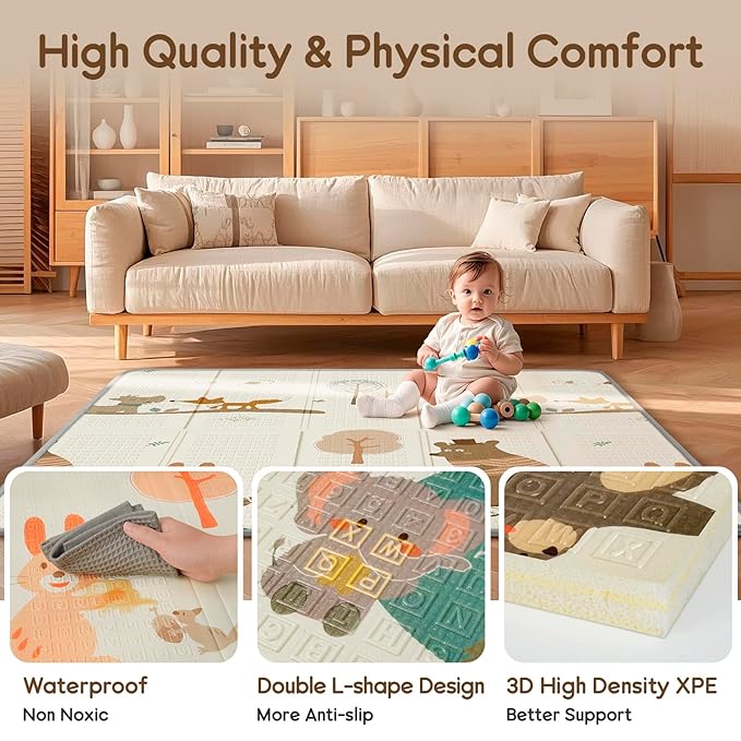 Foldable Baby Play Mat, PIGLOG Waterproof Playmats for Babies and Toddlers Kids, Safe Foam Playmat for Tummy Time, 50x50 Playpen Mat, Reversible Portable Baby Floor Mat for Infant, Toddler, Bear