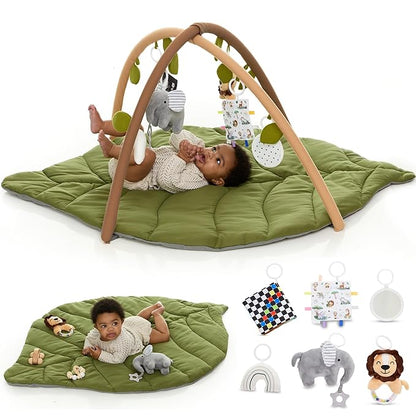 Baby Play Mat & Activity Gym - Tummy Time Mat with 6 Detachable Baby Toys | Oversized Leaf Modern Design Baby Play Gym | Perfect Baby Shower Gifts/Baby Must Haves - Developmental Activities for Baby