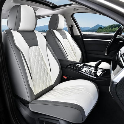 Coverado Front and Back Seat Covers for Cars, 5 Seats Automotive Seat Covers, Faux Leather Car Seat Covers Seat Protectors Car Seat Cushion Carseat Cover Universal Fit for Most Cars Truck - Gray&White