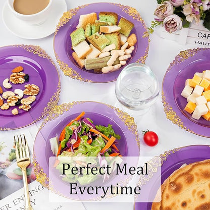 Nervure 50PCS Purple Plastic Bowls with Gold Rim - 12oz Disposable Soup Bowls, Heavy Duty Salad Dessert Bowl Perfect For Weddings, Parties and Everyday Use