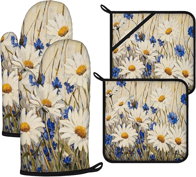 Daisy Flowers Oven Mitts and Pot Holders Sets 4Pcs, Extra Long Oven Gloves