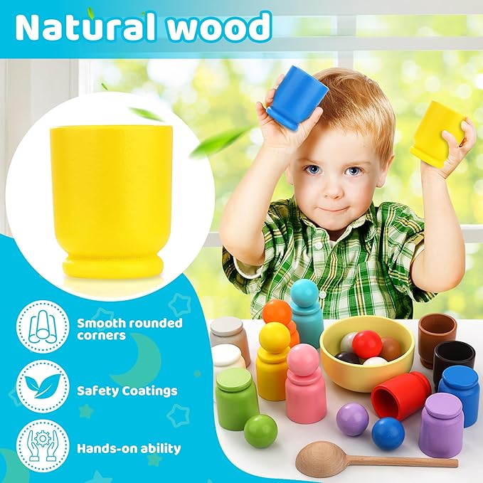 Ball in Cup Montessori Wooden Rainbow Color Sorting Toy for Toddlers - Preschool Color Matching - 12 Balls 40mm