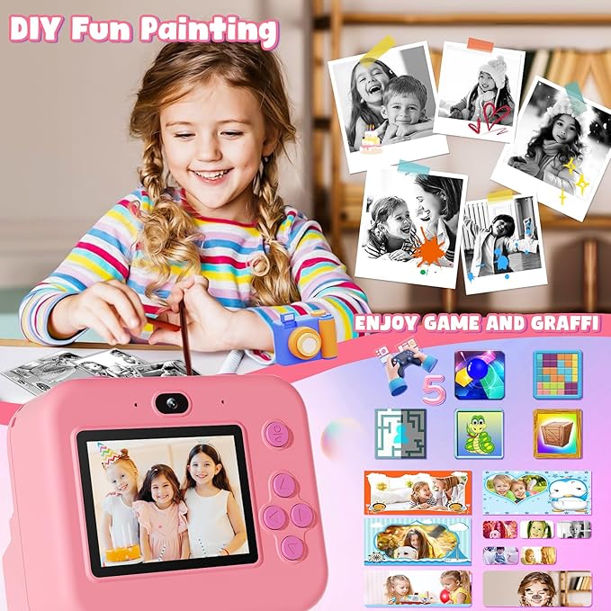 Kids Camera Instant Print - 1080P HD Video Digital Camera for Toddler with Printing Photo Paper, Portable Toy for 4 5 6 7 8 9 10 Years Old, Christmas Birthday Gifts for Boys Girls (Pink)