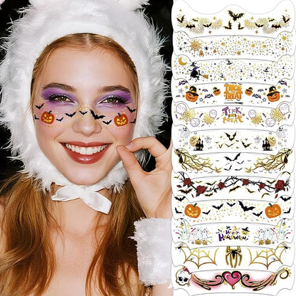 Halloween Glitter Freckle Tattoos, 12 Sheets Color Metallic Face Speckles Halloween Makeup Temporary Tattoos, Freckle Patches Makeup Accessories for Adults and Kids