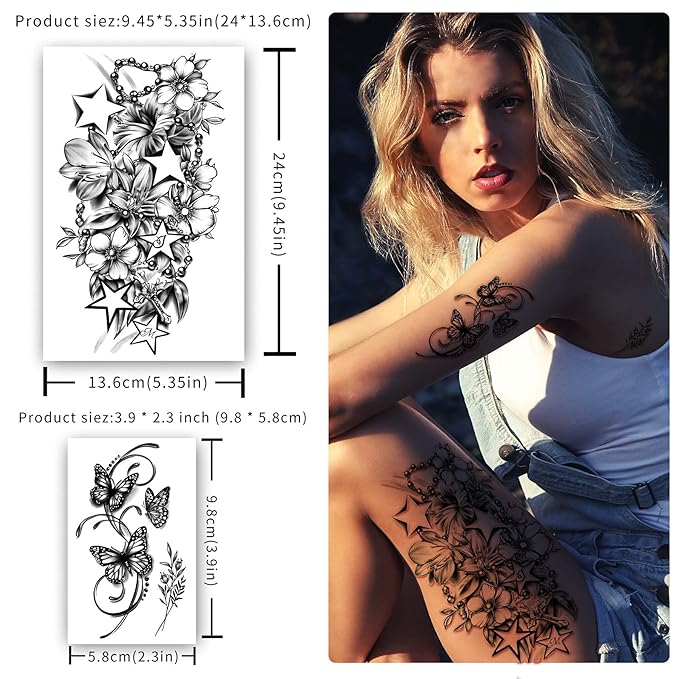 40 sheets Waterproof Temporary Tattoos Flowers Rose Butterfly Fake Tattoo Mix Style Lasting Body Art Tattoo Stickers for Women or Girls