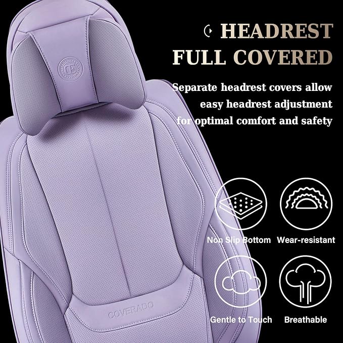 Coverado Universal Seat Covers Full Set, 5 Seats Universal Seat Covers for Cars, Waterproof NAPPA Leather Car Seat Covers with Head Pillow, Auto Protectors Fit for Most Sedans SUV Pick-up Truck-Purple