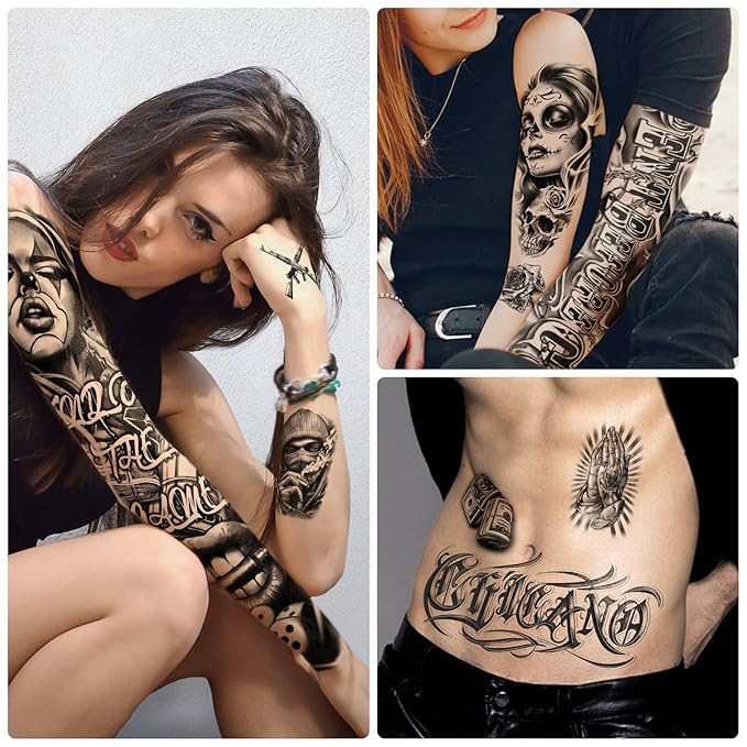 46 Large Chicano Temporary Tattoo for Men Women, Full Arm Day of the Dead Gangster Prisoner Fake Tattoos Mexico Cholas Lowriders Clown Tattoos, Tiny Cosplay Body Tattoos Stickers Realistic Adult Kid