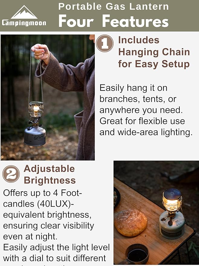 CAMPINGMOON Mini Gas Camping Lantern with Hanging Chain & Hard Case ??80W Equivalent Brightness, Adjustable Dial, Outdoor Portable Butane Lamp for Hiking, Backpacking, Emergency, Tent Lighting T-4