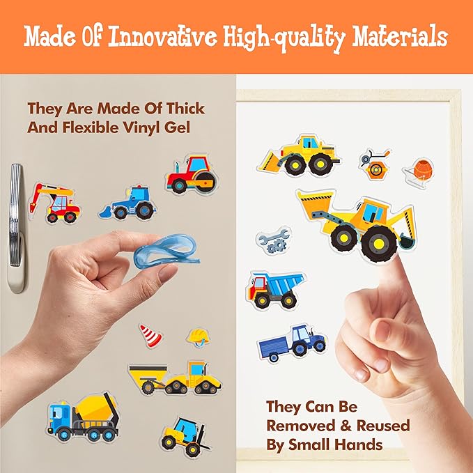 39PCS Construction Vehicle Jelly Stickers, Removable Reusable Thick Engineering Vehicles Cling Gel Decal for Window, Door, Home, Classroom, Nursery, Party Supplies, Kids, Toddlers, Adults (Not Edible)