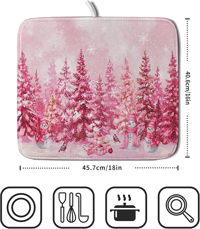 Pink Winter Dish Drying Mat Forest Washable Drying Matt Kitchen Counter