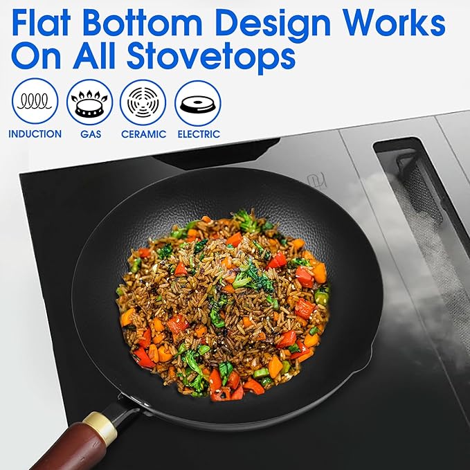 10 Inch Carbon Steel Wok For Electric, Induction and Gas Stoves (Lid and User Guide Video Included)
