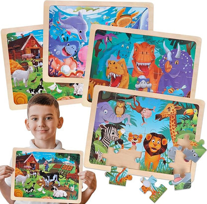 Jigsaw Puzzles Wooden Puzzles for Kids Ages 3-5 Preschool Educational Brain Teaser Boards Toddlers Toys Dinosaur Farm Zoo Sea World Gifts for 3 4 5 6 Year Old Boys Girls 4 Packs 24 Pcs