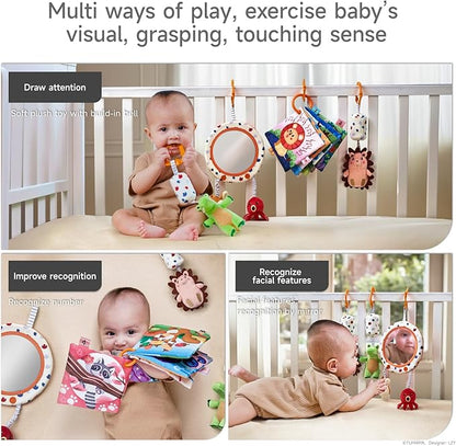 TUMAMA Car Seat Toys 3 6 9 12 Months, Plush Animal Rattle Mirror Soft Crinkle Book Baby Enlightenment Toy Set, Newborn Crib Stroller Play Gym Hanging Toys