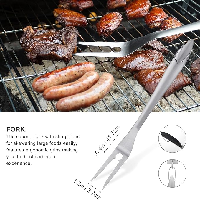 grilljoy 8PCS BBQ Grill Tools Set with Extra Thick Stainless Steel Spatula, Fork, Tongs & Cleaning Brush - Complete Barbecue Accessories Kit with Portable Bag - Perfect Grill Gifts for Men Black