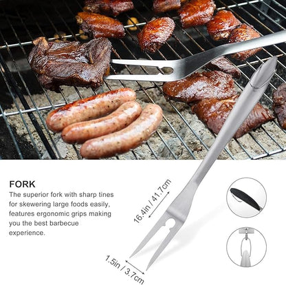grilljoy 8PCS BBQ Grill Tools Set with Extra Thick Stainless Steel Spatula, Fork, Tongs & Cleaning Brush - Complete Barbecue Accessories Kit with Portable Bag - Perfect Grill Gifts for Men Black