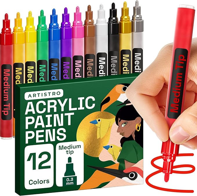 ARTISTRO 12 Acrylic Paint Markers - Medium Point Paint Pens for Rock, Wood, Glass, Ceramic, Black Paper, Scrapbooking Crafts, Card Making, DIY Photo Album, Ceramic