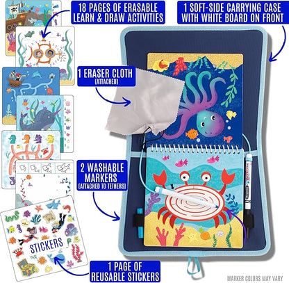 Totebook Kids Travel Educational Activity Book with Washable Markers - Car and Airplane Activities, Learning Toys for Toddlers- Search and Find, Reusable Stickers for Ages 4, 5, 6 (Ocean)