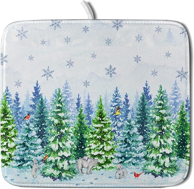 Watercolor Winter Dish Drying Pad Forest Kitchen Mat