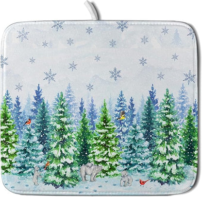 Watercolor Winter Dish Drying Pad Forest Kitchen Mat