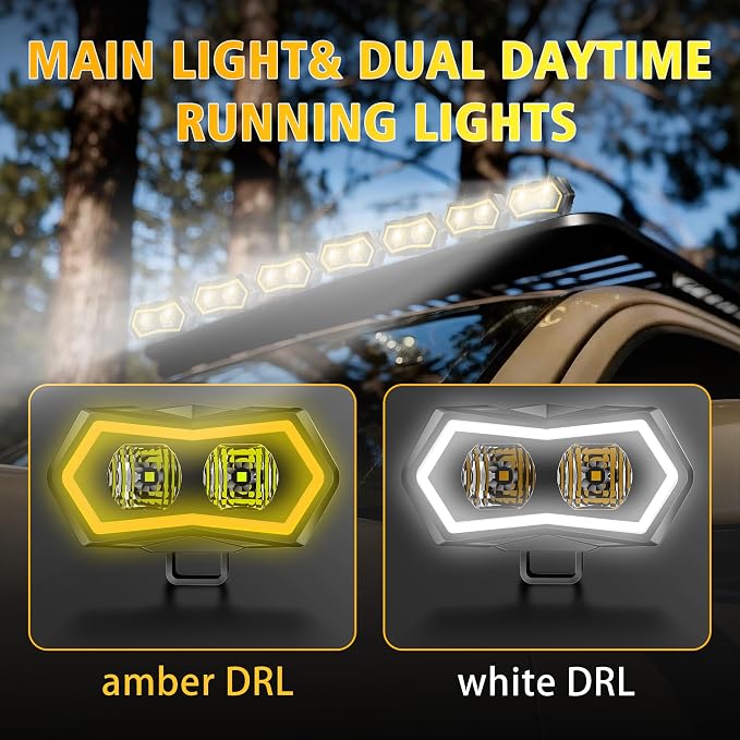 4WDKING 4 Inch LED Pod Lights with Amber/White DRL Offroad Driving Super Bright Flood Light for LED Auxiliary Work Lights for Truck UTV ATV SUV 4x4 (2PCS)