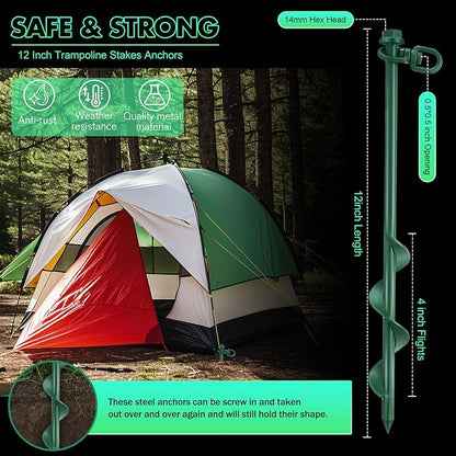 Zhengmy 4 Pcs Ground Anchors Screw in, 12 Inch Heavy Duty Tent Stakes with Trampoline Anchor Hook Ground Stakes for Camping Tent Canopies Ports Sheds Swing Sets Securing Animals (Green)