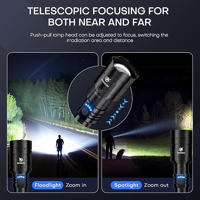 Rechargeable Flashlights High Lumens with Ignition Lens,2000 lumens LED Super Bright Zoomable FlashLight with 5 Mode, IPX6 Waterproof Powerful Tactical Flash light for Home,Gift,Outdoor and Emergency