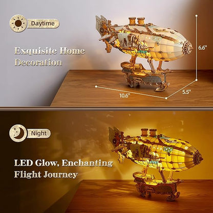 LED 3D Wood Puzzle Fantasy Airship Model - Steampunk DIY Craft Kit with LED Lights – Intricate Wooden Airship Model Building Set for Teens and Adults(White)