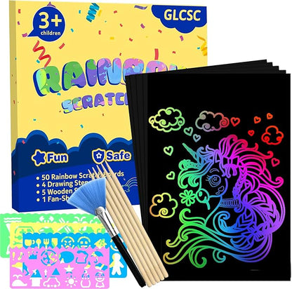 60 Pcs Scratch Art for Kids, Rainbow Scratch Paper, Black Magic Scratch Off Craft Set for 3 4 5 6 7 8 9 10 Years Old Girls and Boys Kids, Party Games Christmas Birthday Easter Gifts