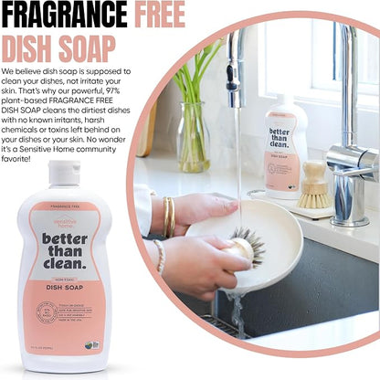 Fragrance Free 2-Pack Dish Soap – 97% Plant-Based, Hypoallergenic, Non-Toxic, Cuts Grease & Food Residue – Dishwashing Liquid with No Fragrance, Dyes or Harsh Chemicals – EWG A Rated