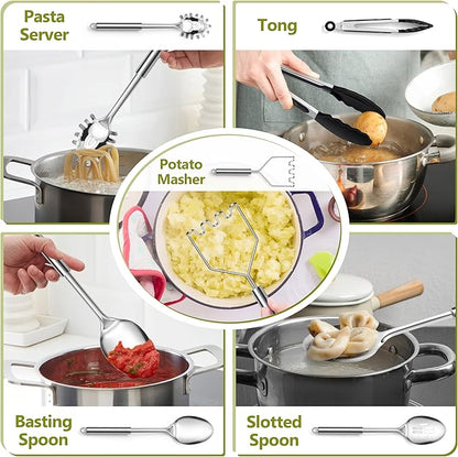 E-far Cooking Utensils Set, 10-Piece Stainless Steel Kitchen Utensils with Holder, Metal Heat Resistant Kitchen Cookware Tool Spatula Set for Cooking, Easy Clean & Dishwasher Safe
