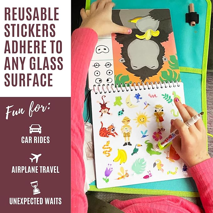 Totebook Kids Travel Educational Activity Book with Washable Markers - Car and Airplane Activities, Learning Toys for Toddlers- Search and Find, Reusable Stickers for Ages 4, 5, 6 (Jungle)