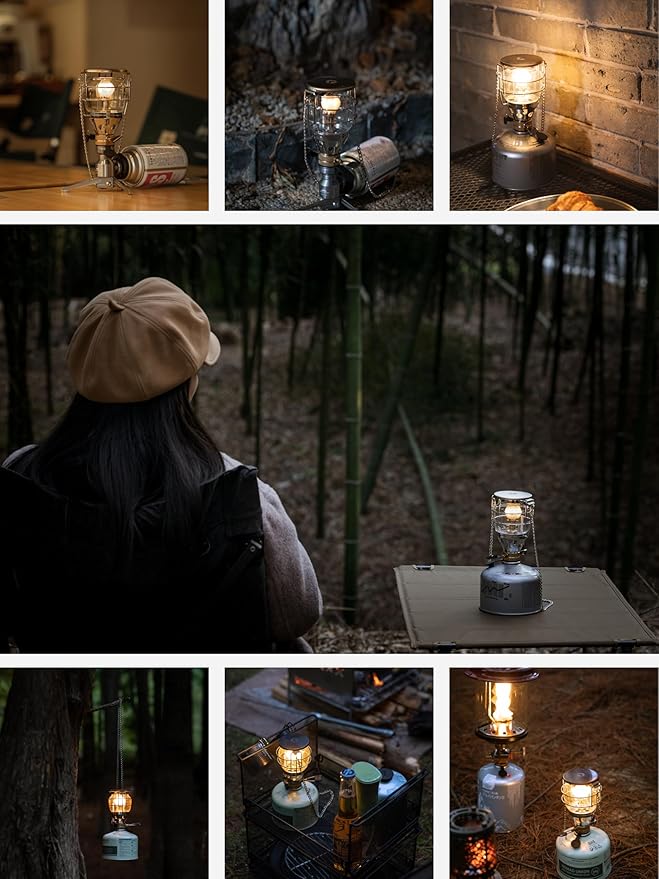 CAMPINGMOON Mini Gas Camping Lantern with Hanging Chain & Hard Case ??80W Equivalent Brightness, Adjustable Dial, Outdoor Portable Butane Lamp for Hiking, Backpacking, Emergency, Tent Lighting T-4